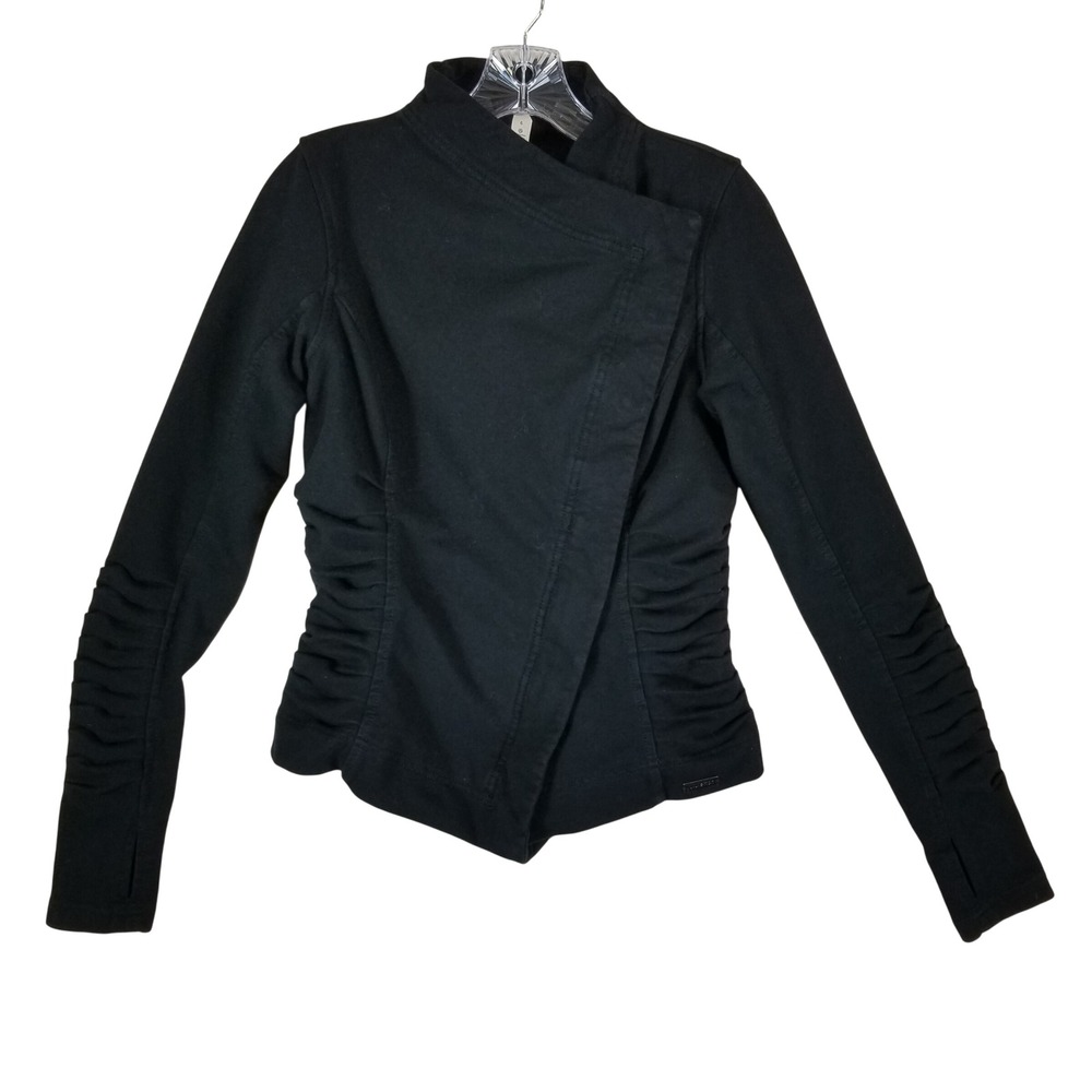Lululemon Asymmetrical Wrap Jacket Womens 6 Black Ruched Moto Style Thumbholes